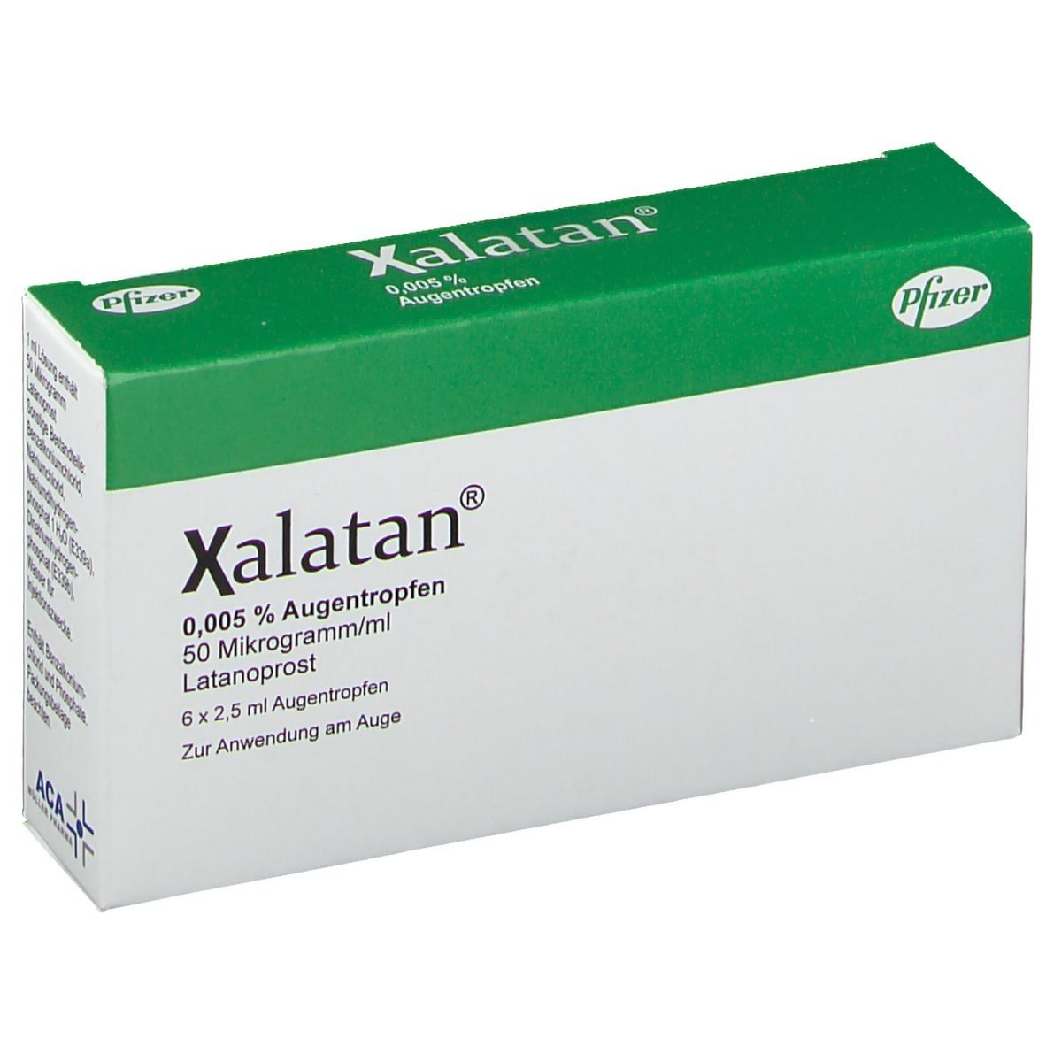 Weiße Schachtel mit grüner Oberseite. Aufschrift: Xalatan 0,005 % Augentropfen. Pfizer-Logo. Enthält 6 x 2,5 ml Augentropfen.