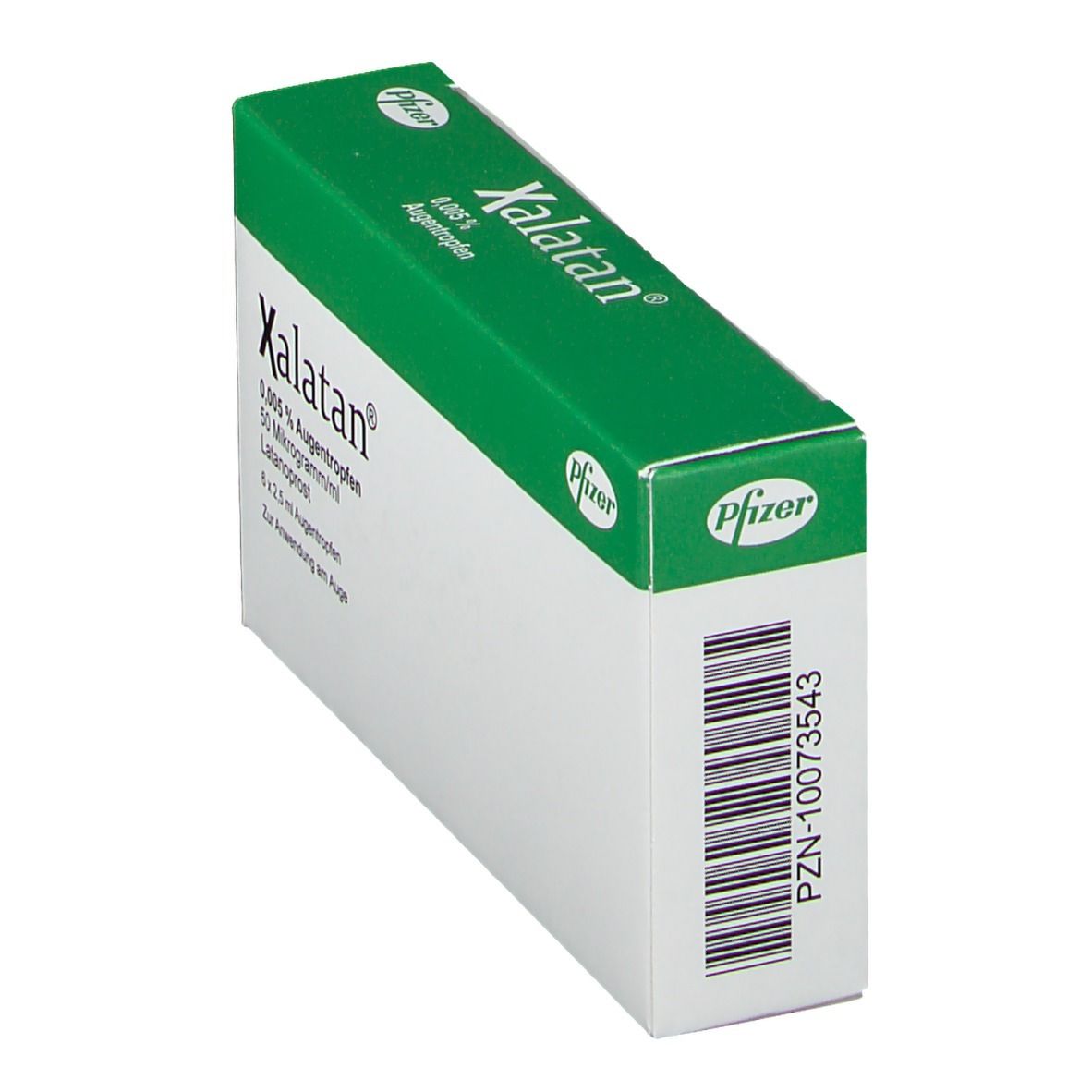Schachtel mit grüner Oberseite. Aufschrift: Xalatan 0,005 % Augentropfen. Pfizer-Logo. Barcode. Weiße Seite mit Text.