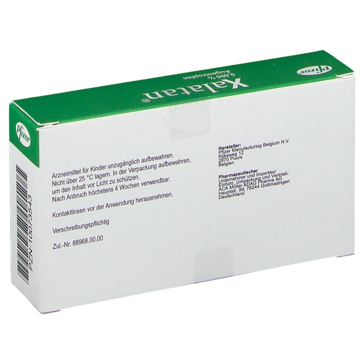 Weiße Schachtel mit grüner Oberseite. Text auf Deutsch: Hinweise, Hersteller, Zul.-Nr. Pfizer-Logo. ACA-Logo.