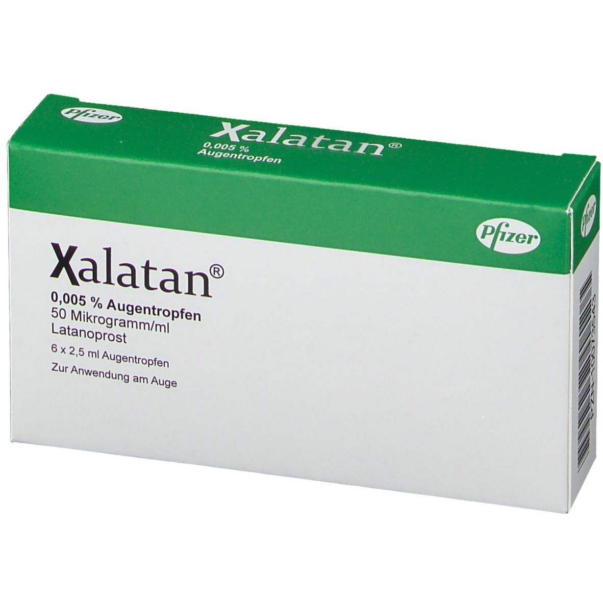 Weiße Schachtel mit grüner Oberseite. Aufschrift: Xalatan 0,005 % Augentropfen. Pfizer-Logo. Enthält 6 x 2,5 ml Augentropfen.