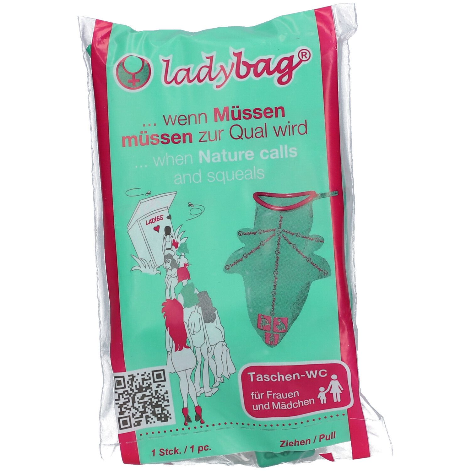 Verpackung mit Ladybag Taschen-WC. Grün-transparente Beutel, roter Aufdruck. Text: "Wenn Müssen zur Qual wird".
