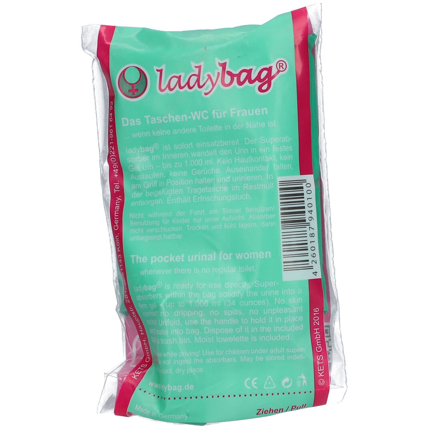 Verpackung mit Ladybag Taschen-WC. Grüner Hintergrund, roter Rand. Text: "Das Taschen-WC für Frauen".