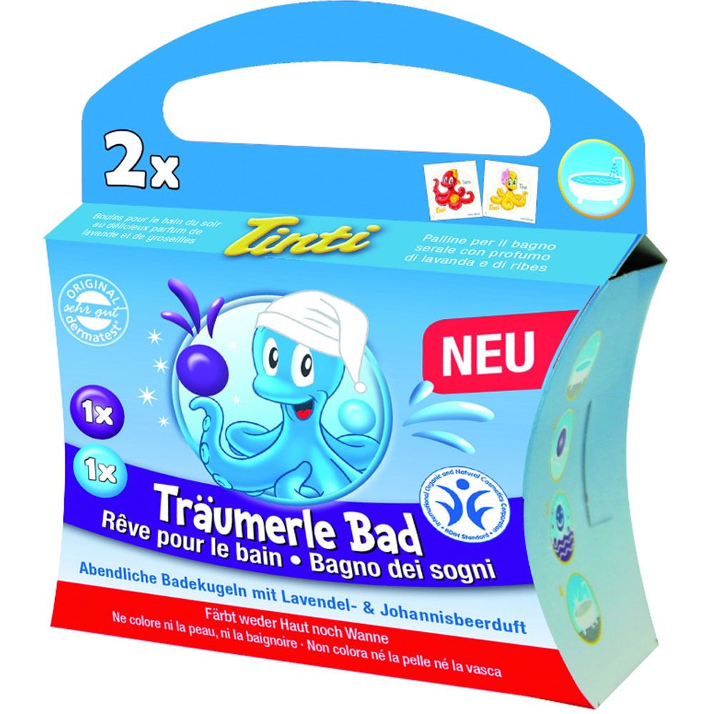 Verpackung mit Produktnamen Träumerle Bad. Enthält 2x Badekugeln. Mit Lavendel- und Johannisbeerduft. Mit Dermatest-Siegel.