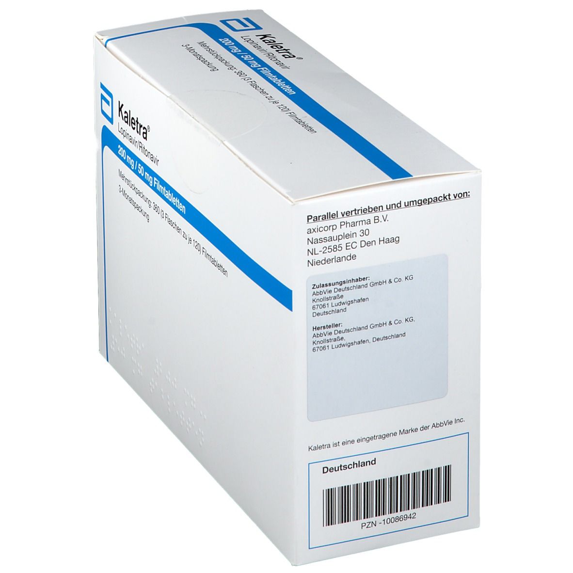 Kartonverpackung mit 'Kaletra' und Produktinformationen. Rückseite mit Adressdaten und Barcode.