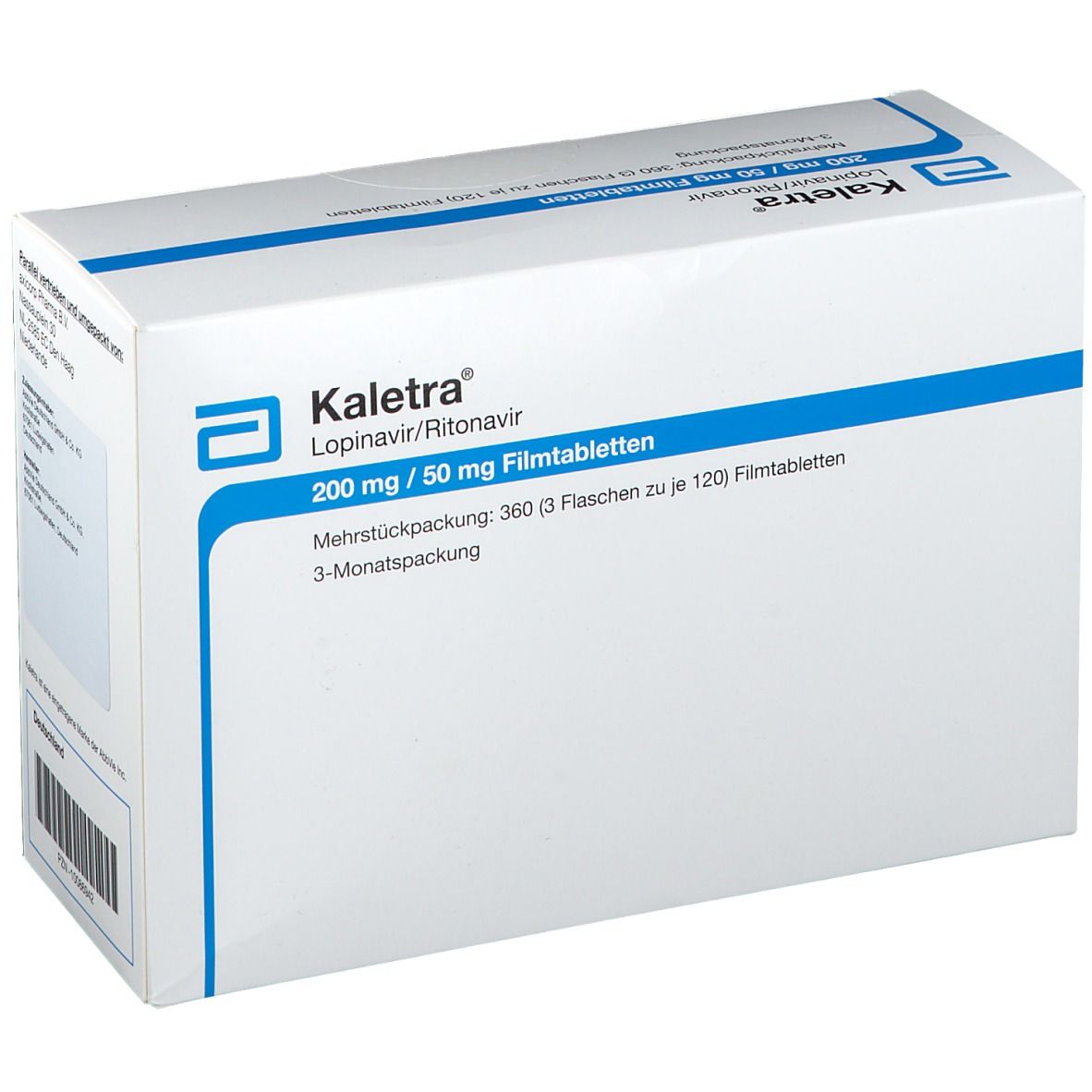 Weiße Kartonverpackung mit blauer Schrift. Enthält 'Kaletra' und Produktinformationen. Abbott-Logo.