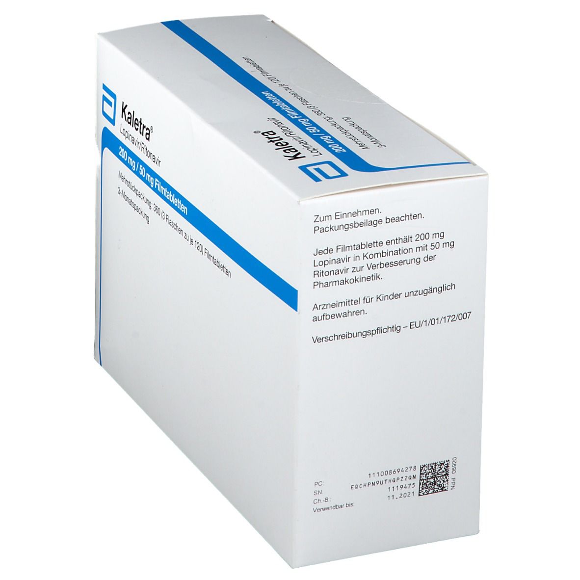 Kartonverpackung mit 'Kaletra' und Produktinformationen. Enthält Text und Barcode.