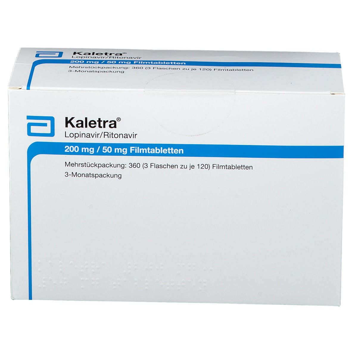 Weiße Kartonverpackung mit blauer Schrift. Enthält 'Kaletra' und Produktinformationen. Abbott-Logo.