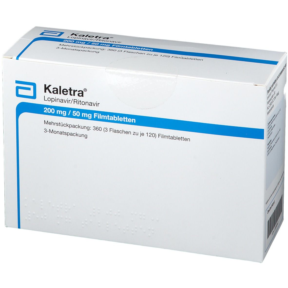 Weiße Kartonverpackung mit blauer Schrift. Enthält 'Kaletra' und Produktinformationen. Abbott-Logo.