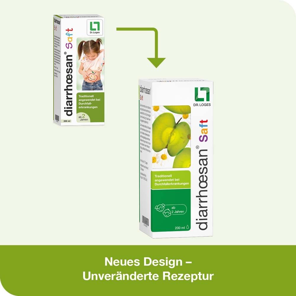 Vergleich von zwei Verpackungen. Diarrhoesan® Saft, ab 2 Jahren. Neues Design, unveränderte Rezeptur.