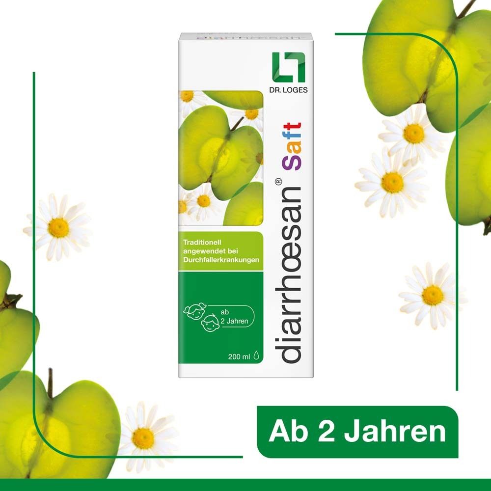 Weißer Karton mit Apfel- und Kamillenblüten-Illustration. Diarrhoesan® Saft, ab 2 Jahren. Text in Deutsch.