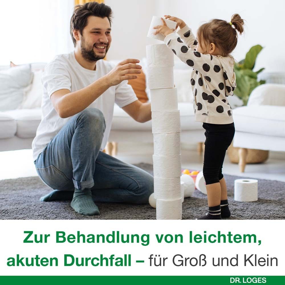 Mann und Kind spielen mit Toilettenpapier. Text: Zur Behandlung von leichtem, akuten Durchfall.
