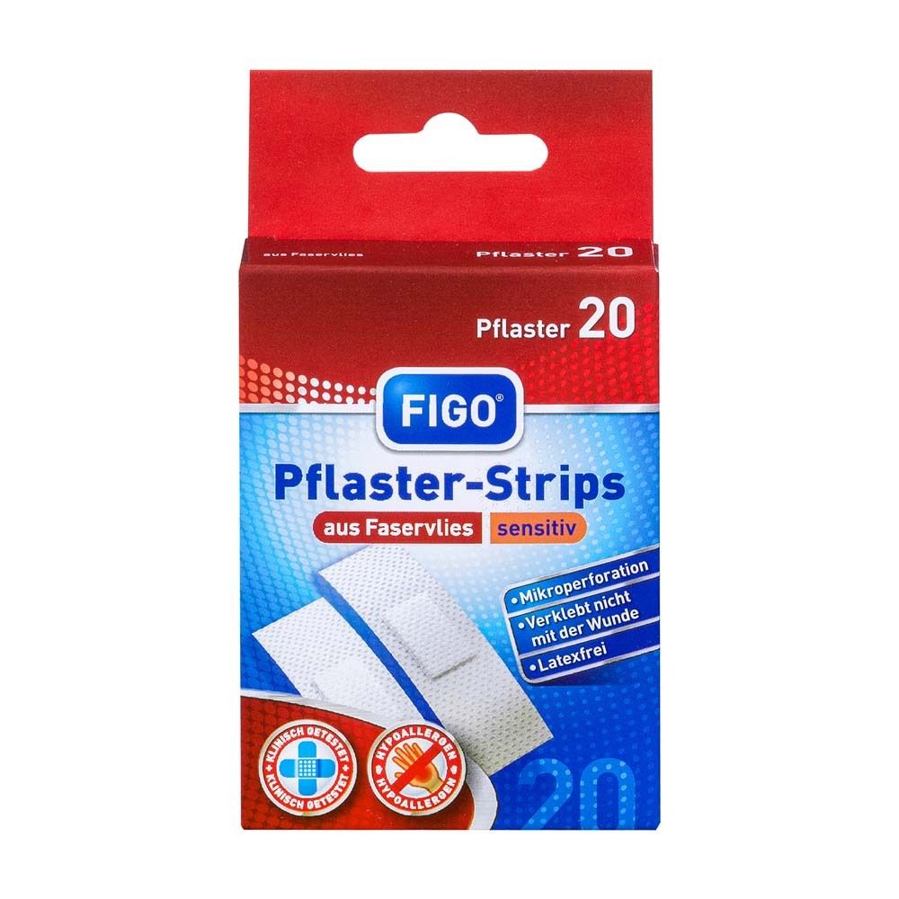 Verpackung von FIGO Pflaster-Strips sensitiv. Rote und weiße Schachtel mit 20 Pflastern. Text: Mikroperforation, nicht mit Wunde verklebt, latexfrei.