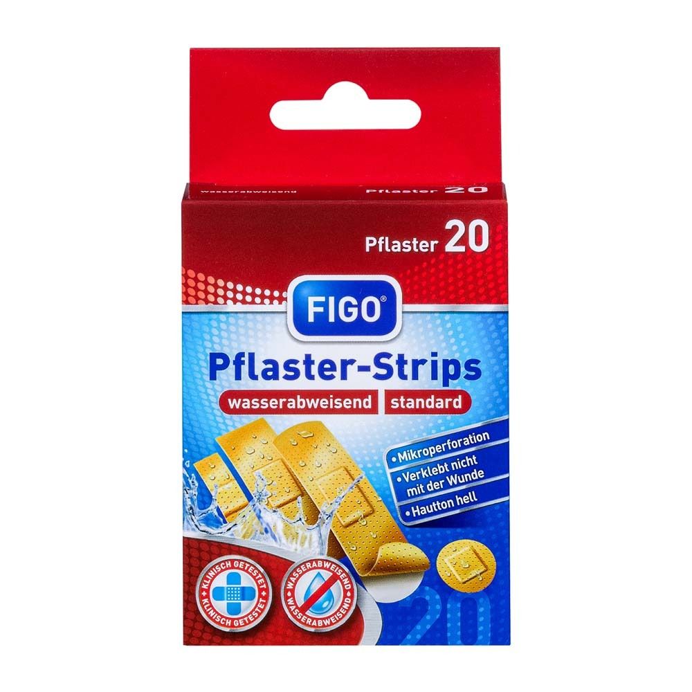 Verpackung von FIGO Pflaster-Strips. Rote und blaue Box mit 20 Pflastern. Wasserabweisend, Standard.