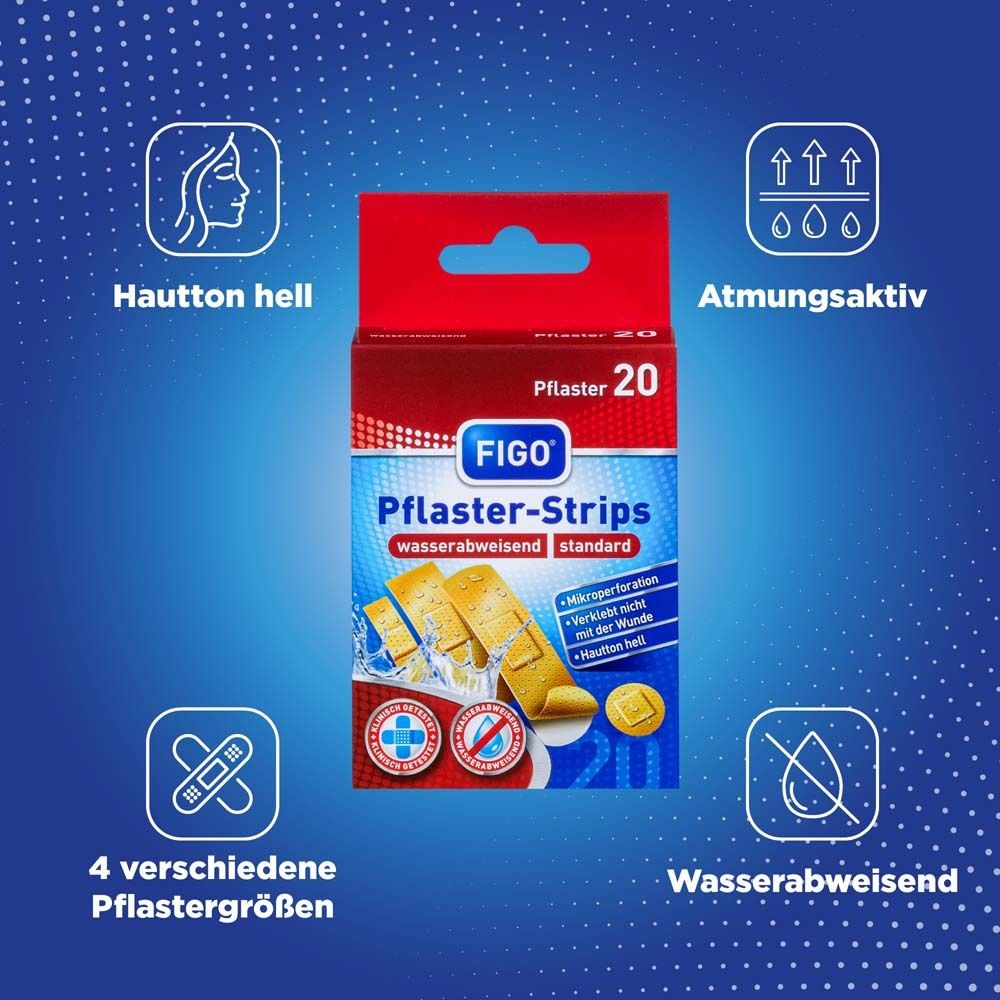 FIGO Pflaster-Strips Verpackung mit Icons. Wasserabweisend, atmungsaktiv, 4 Größen, hell, klinisch getestet.