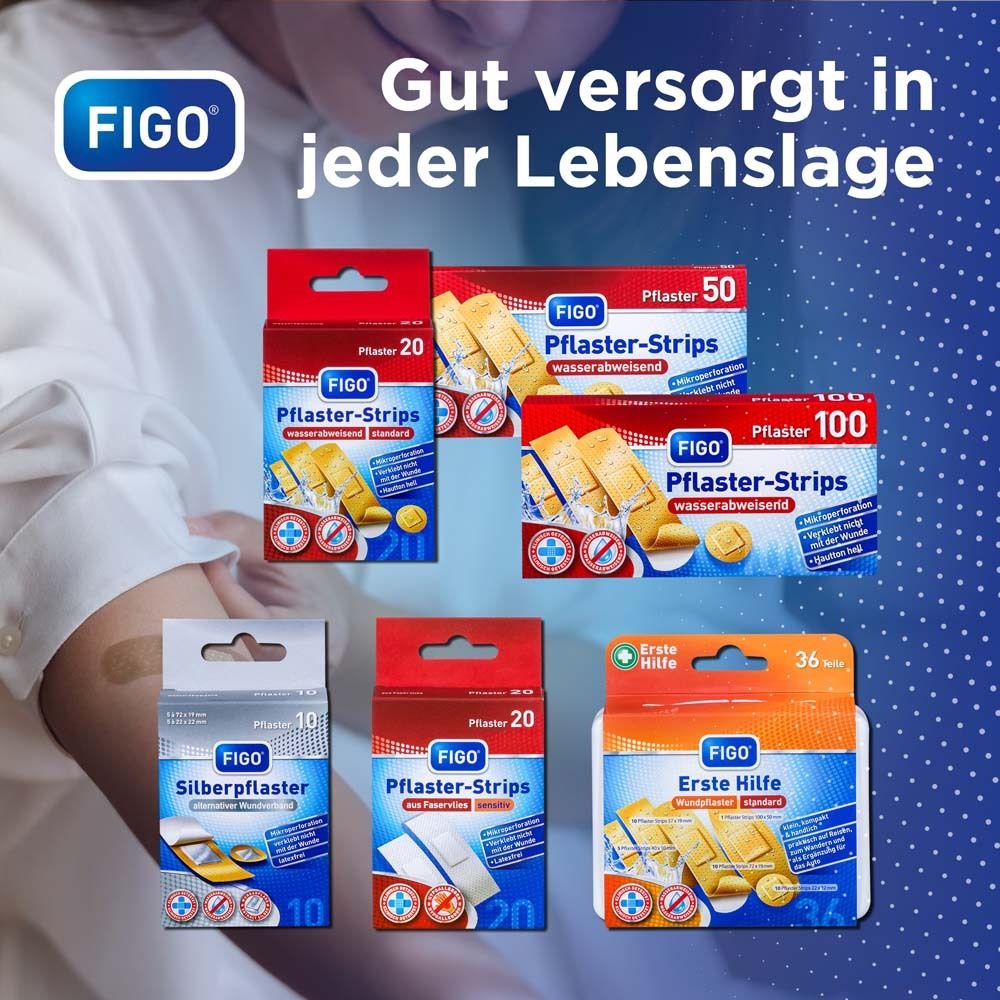 Verschiedene FIGO Pflaster-Strips Verpackungen. 20, 50, 100 Stück. Silberpflaster, Erste Hilfe. Gut versorgt.