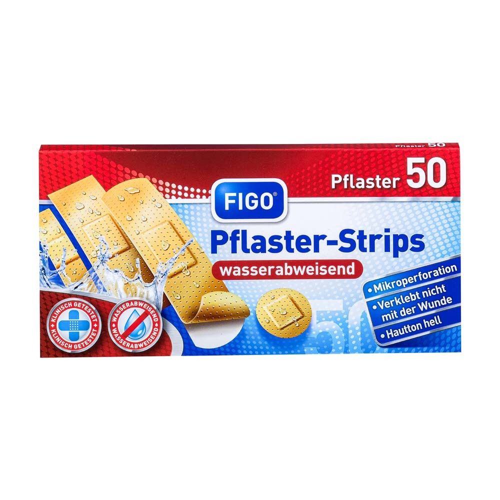 FIGO Pflaster-Strips wasserabweisend, Packung mit 50 Pflastern. Klinisch getestet. Wasserabweisend. Mikroporös.