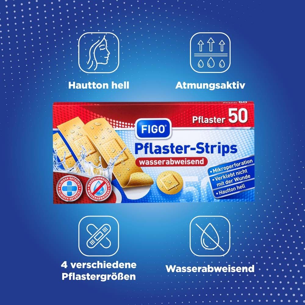 Blaue Grafik mit Icons: Hautton hell, atmungsaktiv, 4 Pflastergrößen, wasserabweisend. FIGO Pflaster-Strips.