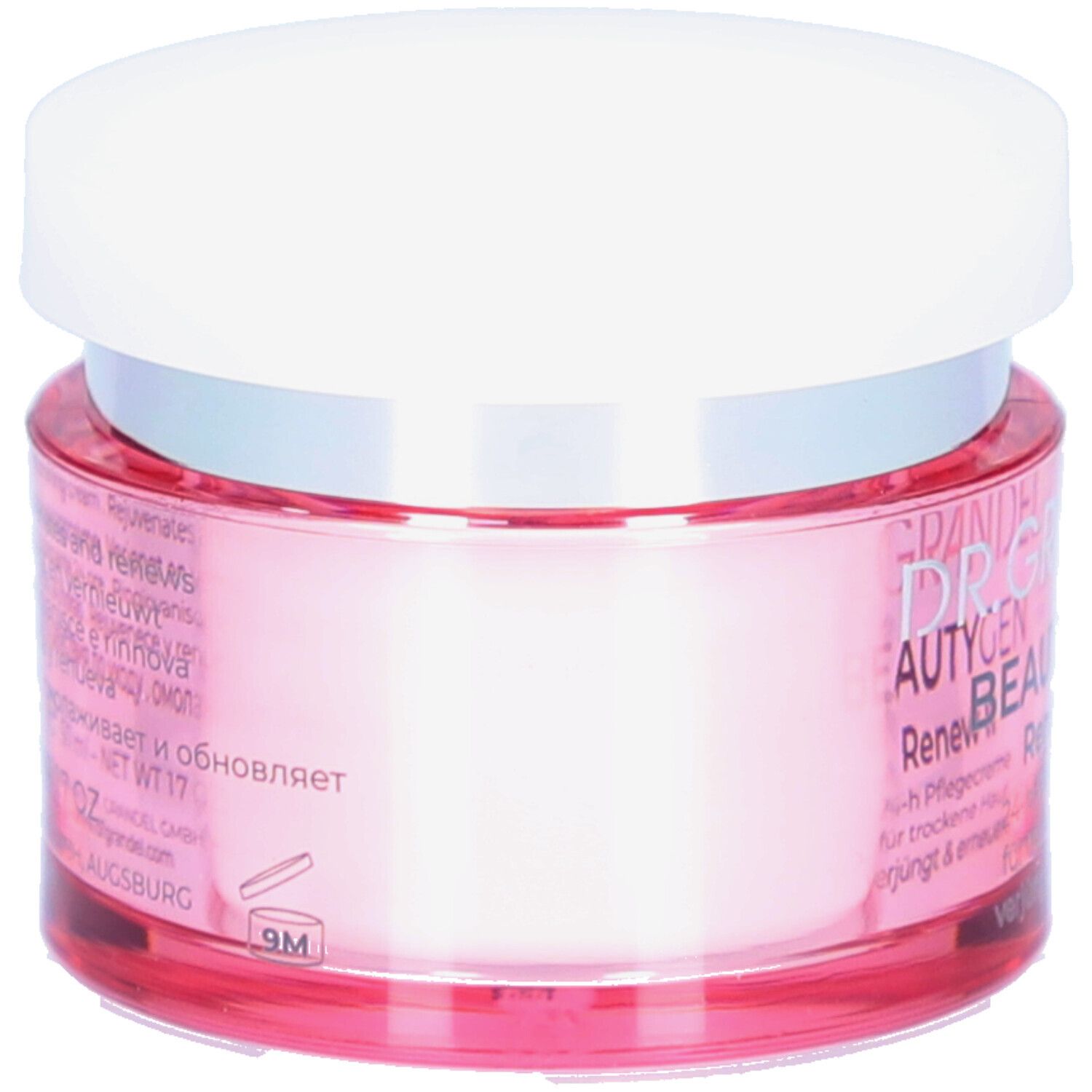 Rosa Tiegel mit weißem Deckel. Aufschrift: DR. GRANDEL BEAUTYGEN Renew II. Text in mehreren Sprachen.