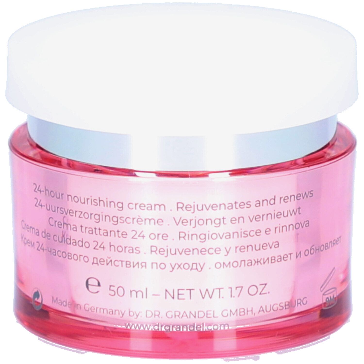 Rosa Tiegel mit weißem Deckel. Aufschrift: DR. GRANDEL BEAUTYGEN Renew II. Text in mehreren Sprachen. 50 ml.