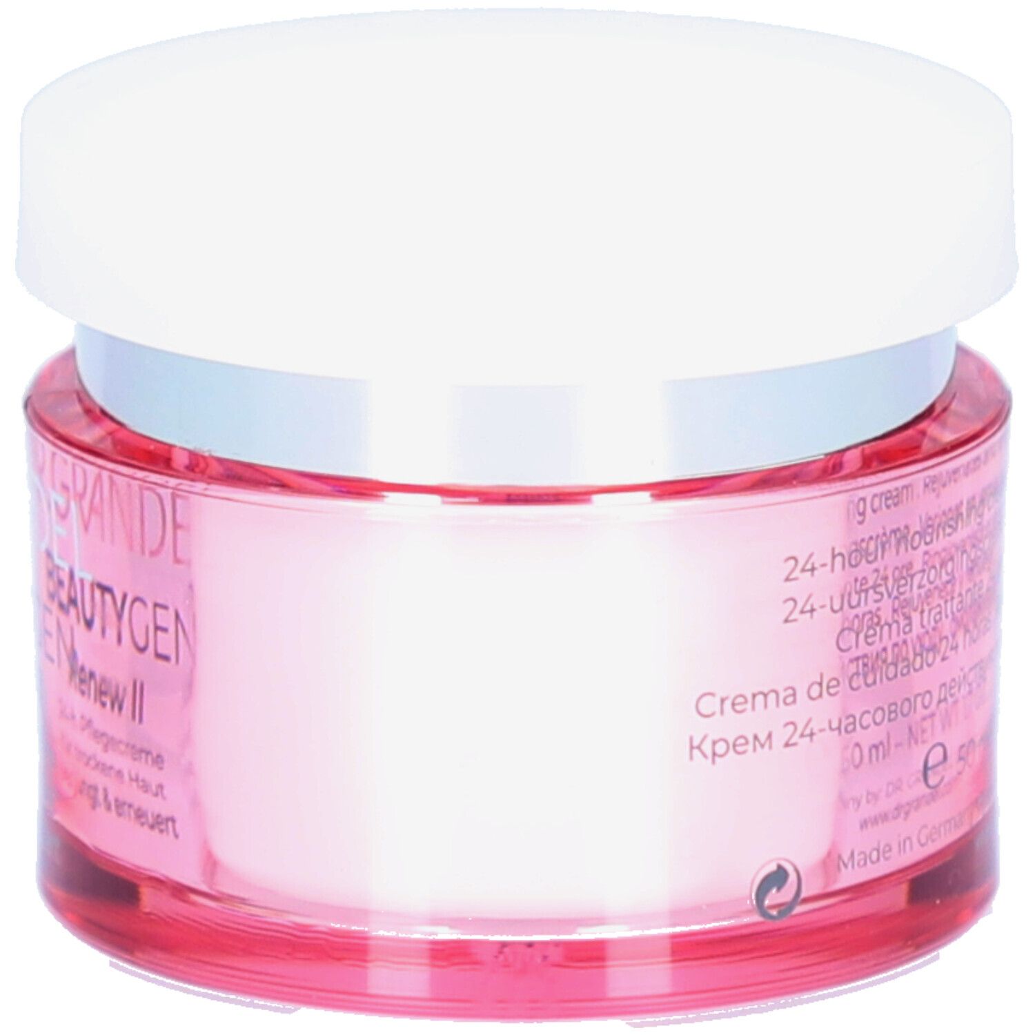 Rosa Tiegel mit weißem Deckel. Aufschrift: DR. GRANDEL BEAUTYGEN Renew II. Text in mehreren Sprachen.