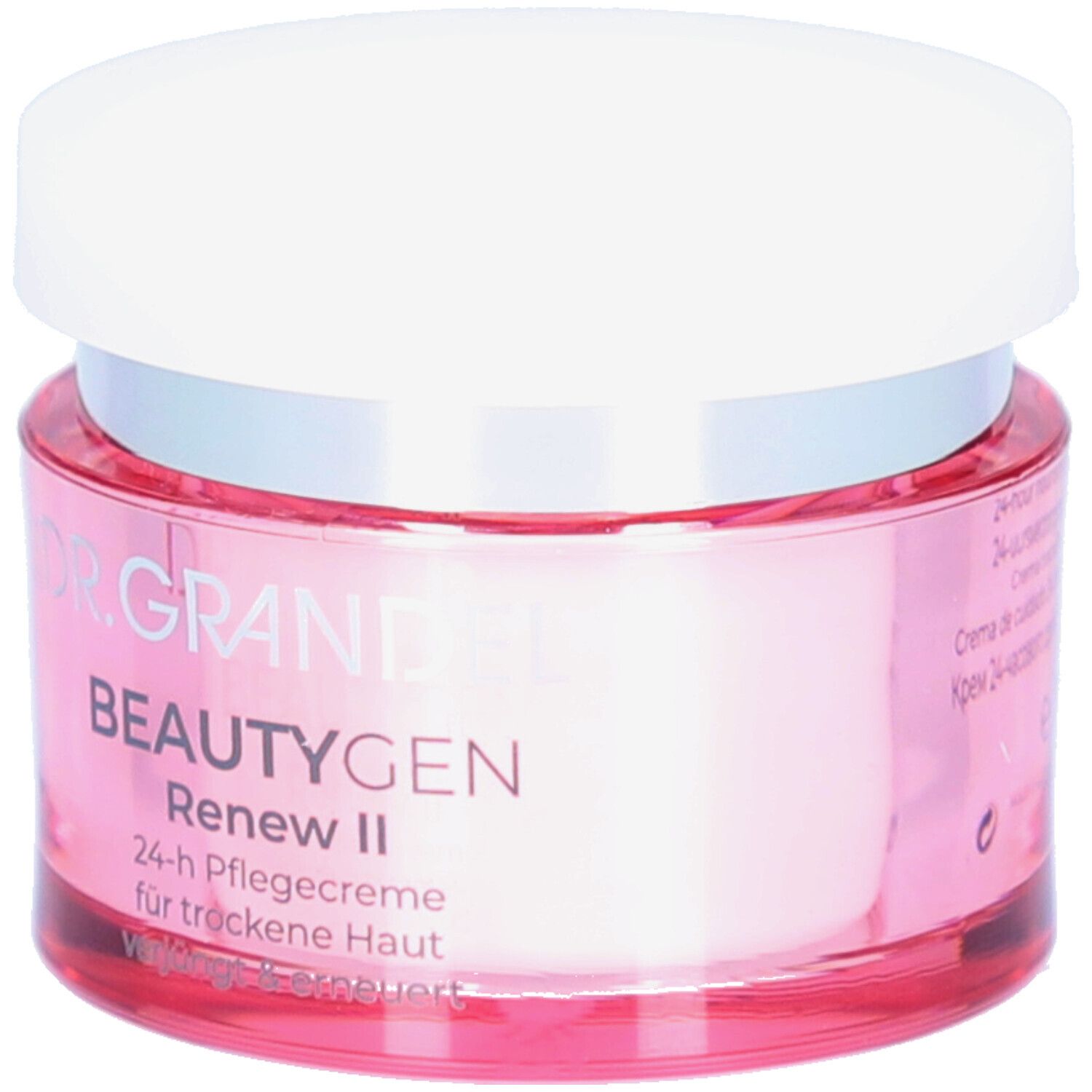 Rosa Tiegel mit weißem Deckel. Aufschrift: DR. GRANDEL BEAUTYGEN Renew II. 24-h Pflegecreme für trockene Haut.
