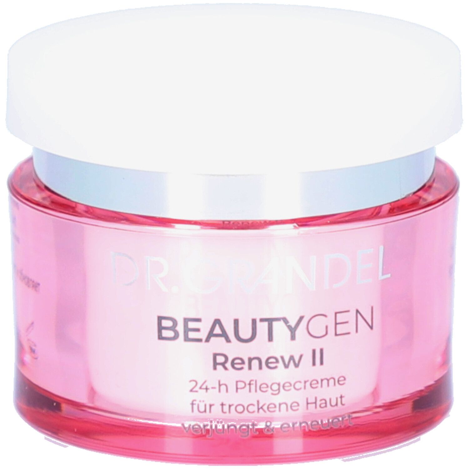 Creme-Tiegel mit weißem Deckel. Aufschrift: DR. GRANDEL RENEW II velvet touch.