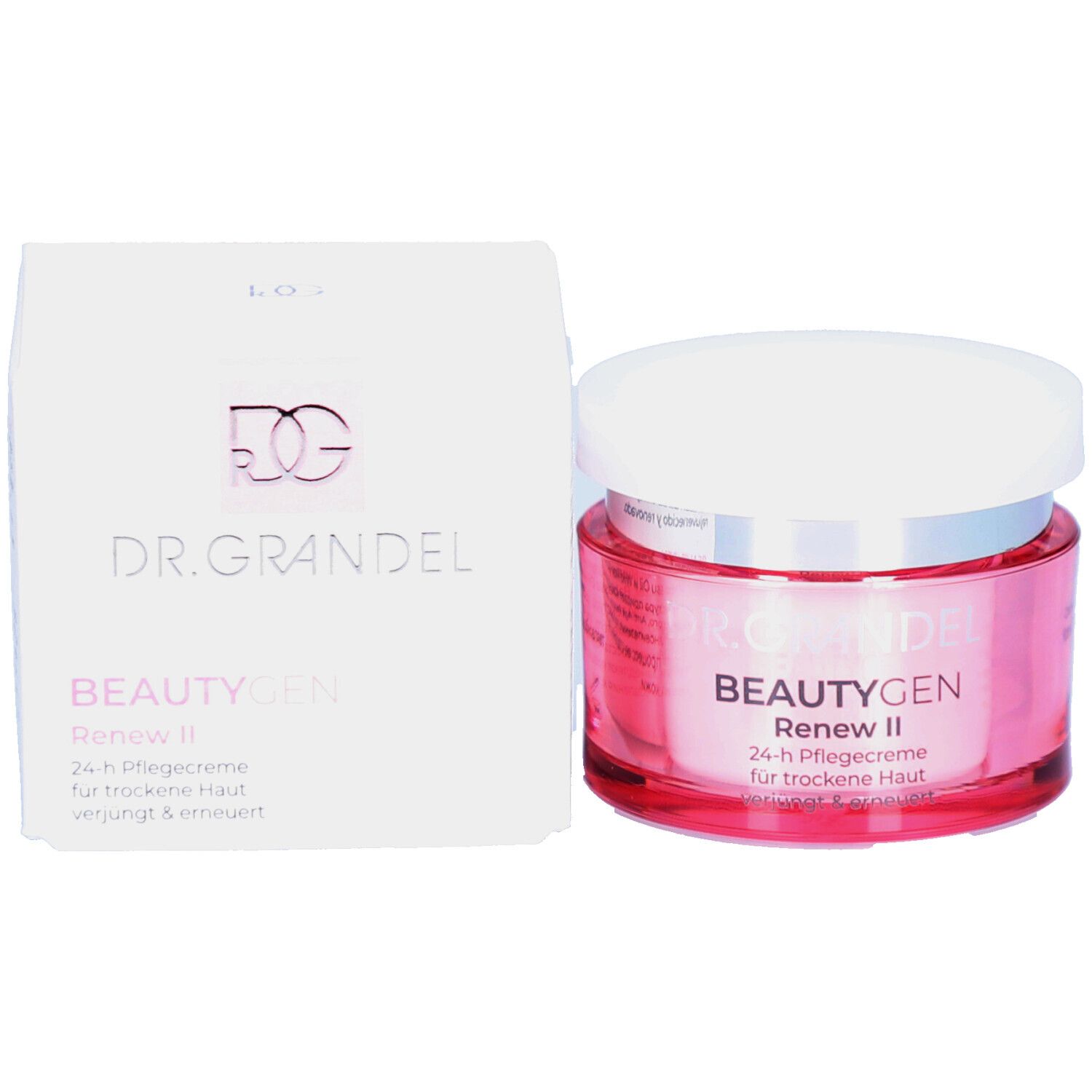 Produktverpackung und Tiegel. Aufschrift: DR. GRANDEL BEAUTYGEN Renew II. 24-h Pflegecreme für trockene Haut.
