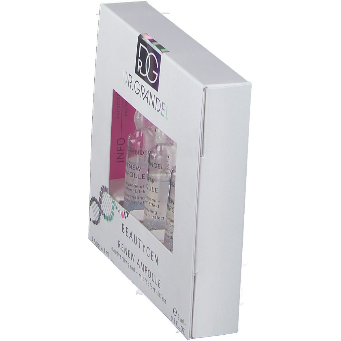 Schrägansicht einer weißen Schachtel mit drei Ampullen. Sichtbar: "DR. GRANDEL", "BEAUTYGEN RENEW AMPOULE".