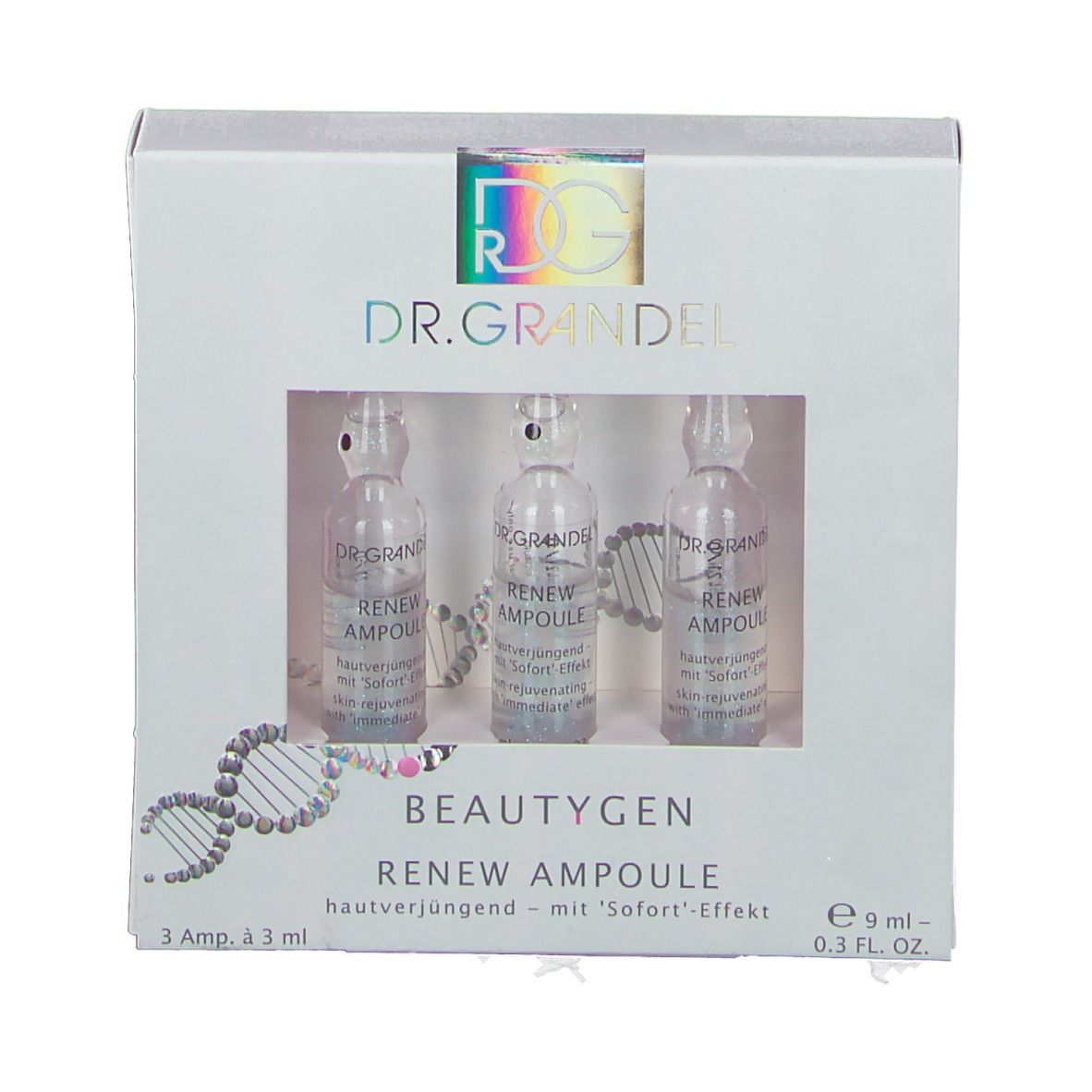 Weißer Karton mit drei Ampullen. Sichtbar: "DR. GRANDEL", "BEAUTYGEN RENEW AMPOULE".
