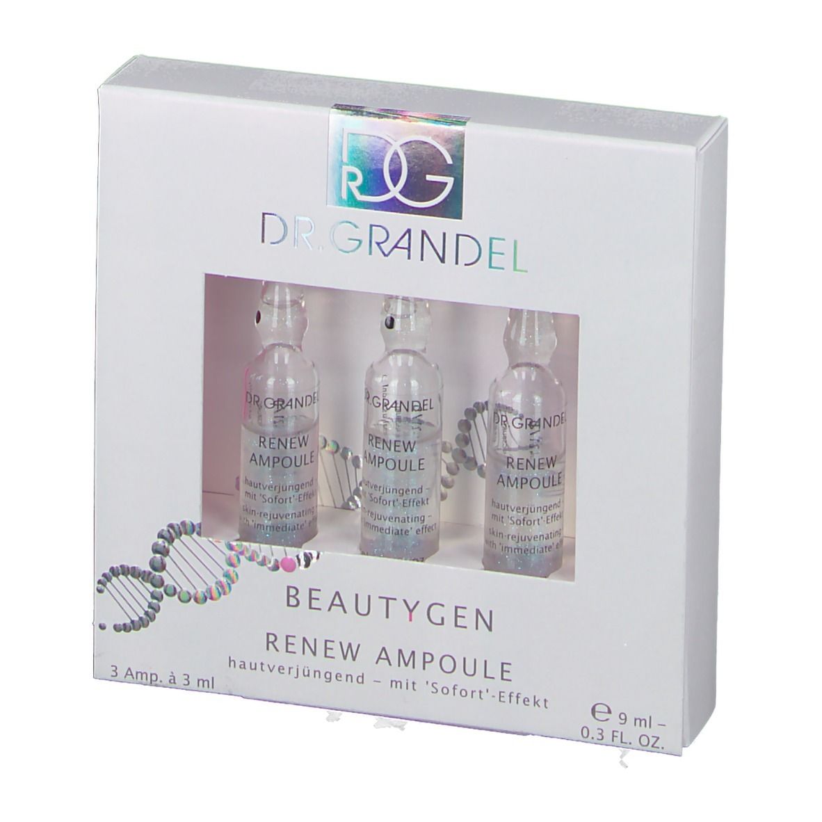 Weißer Karton mit drei Ampullen. Sichtbar: "DR. GRANDEL", "BEAUTYGEN RENEW AMPOULE".