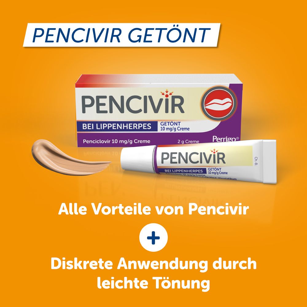 Pencivir getönte Creme. Schachtel und Tube. Enthält Text: Bei Lippenherpes, Penciclovir 10mg/g Creme. Creme-Farbe.