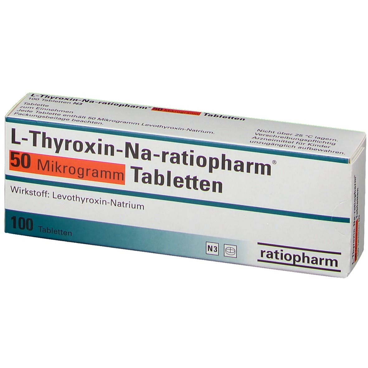L-Thyroxin-Na-ratiopharm Tabletten-Schachtel. Aufdruck: 50 Mikrogramm, 100 Tabletten, ratiopharm Logo.