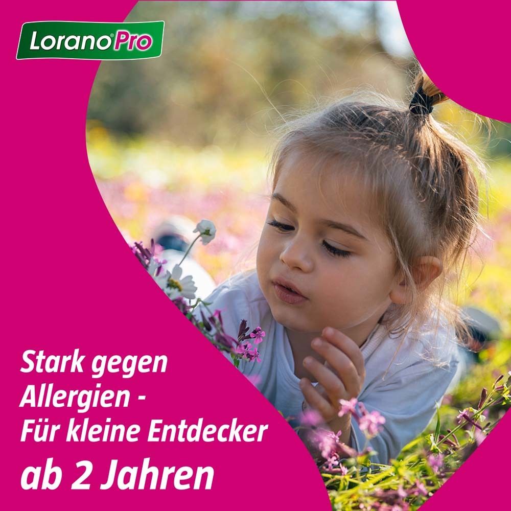 Kind im Gras. Text: Stark gegen Allergien - Für kleine Entdecker ab 2 Jahren. Logo: Lorano®Pro.