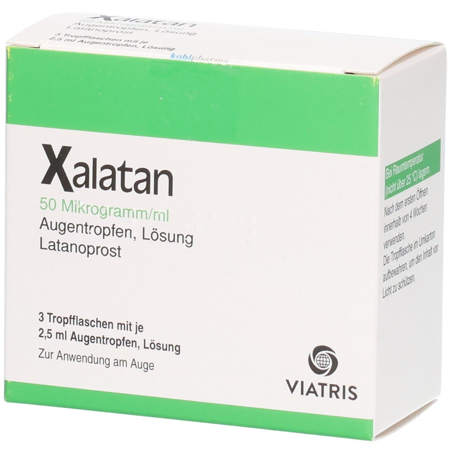 Xalatan 50 Mikrogramm/ml Augentropfen, Lösung Latanoprost. 3 Tropfflaschen mit je 2,5 ml.