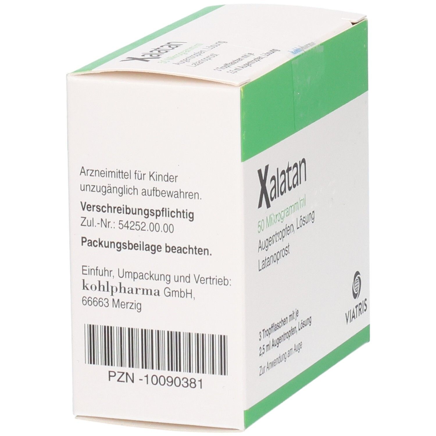Xalatan 50 Mikrogramm/ml. Zul.-Nr.: 54252.00.00. PZN -10090381. Kohlpharma GmbH.