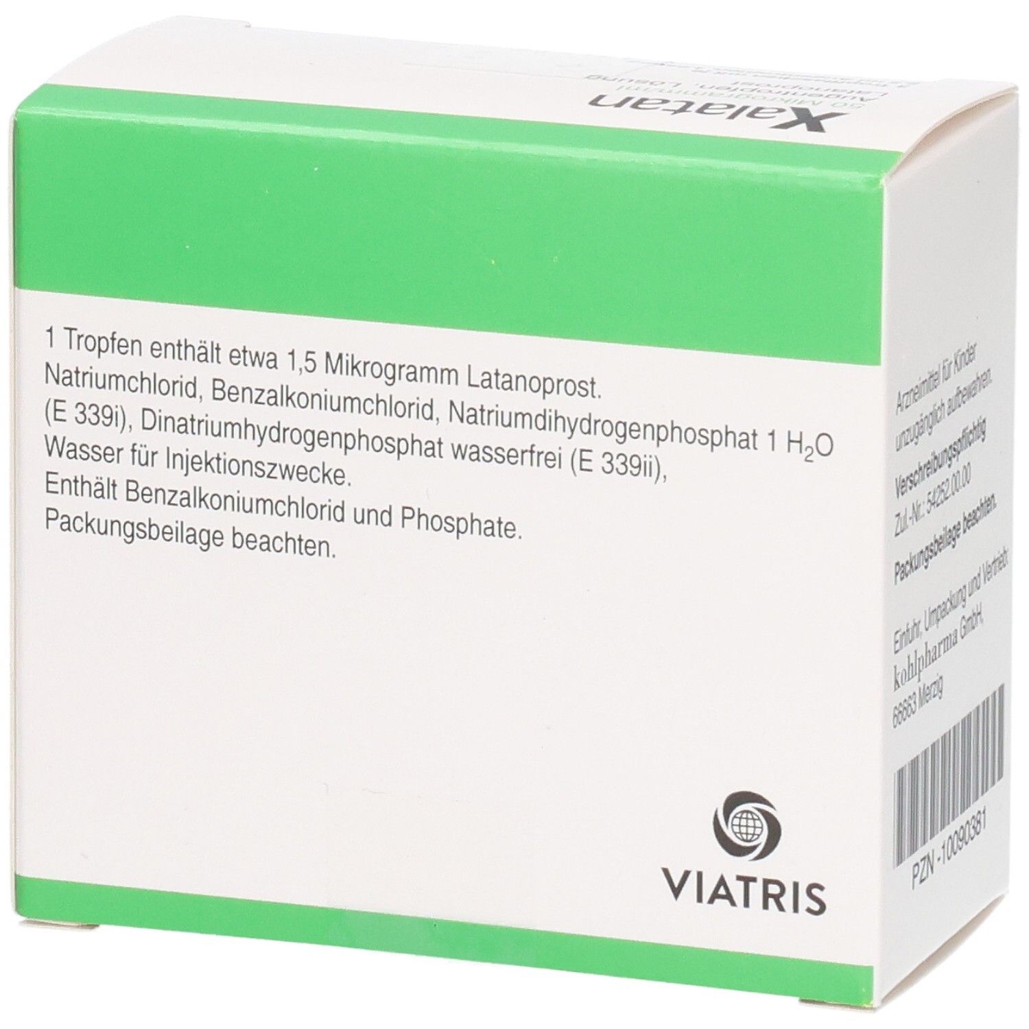 Xalatan 50 Mikrogramm/ml. 1 Tropfen enthält ca. 1,5 Mikrogramm Latanoprost. Enthält Benzalkoniumchlorid.