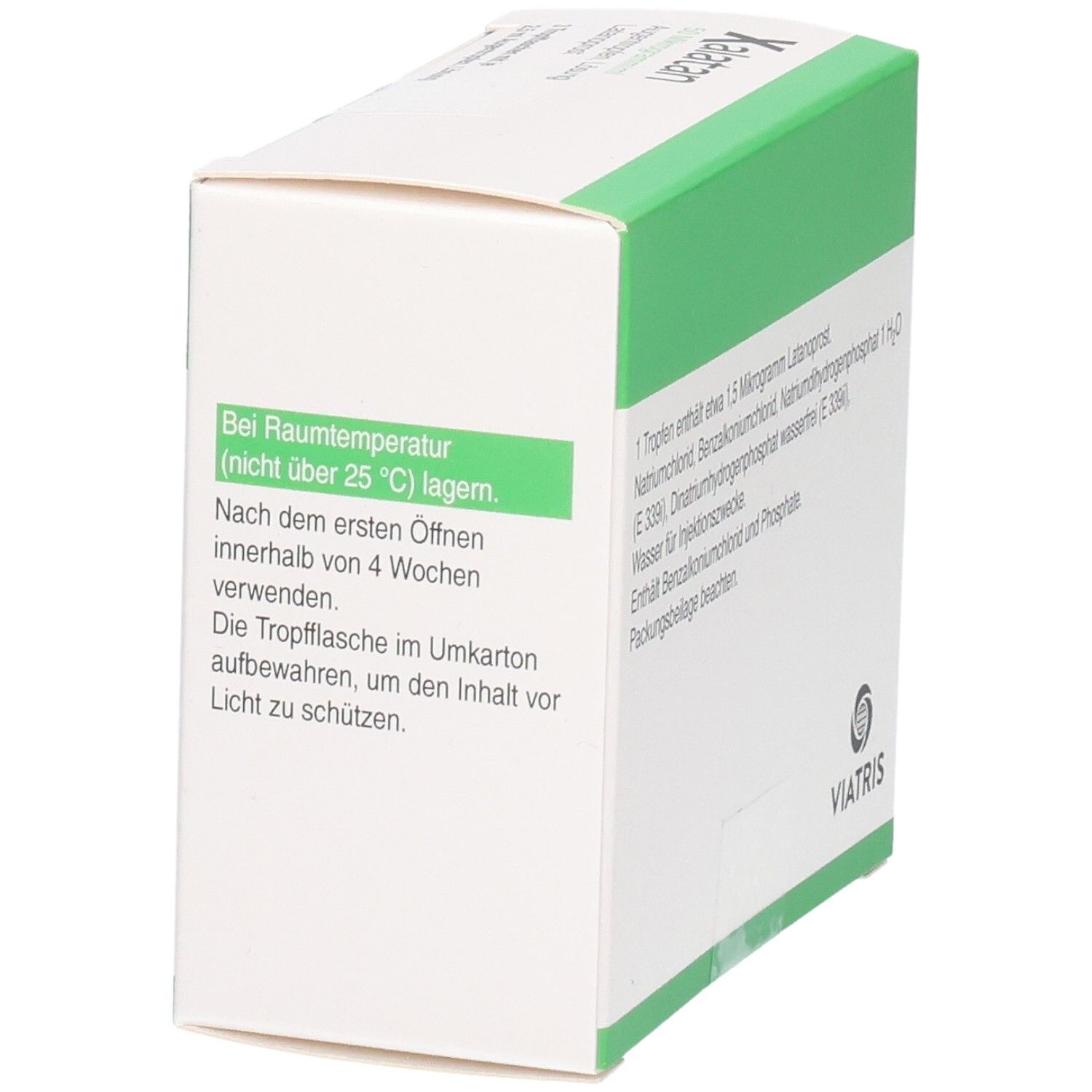 Xalatan 50 Mikrogramm/ml. Nach dem ersten Öffnen innerhalb von 4 Wochen verwenden. Licht schützen.