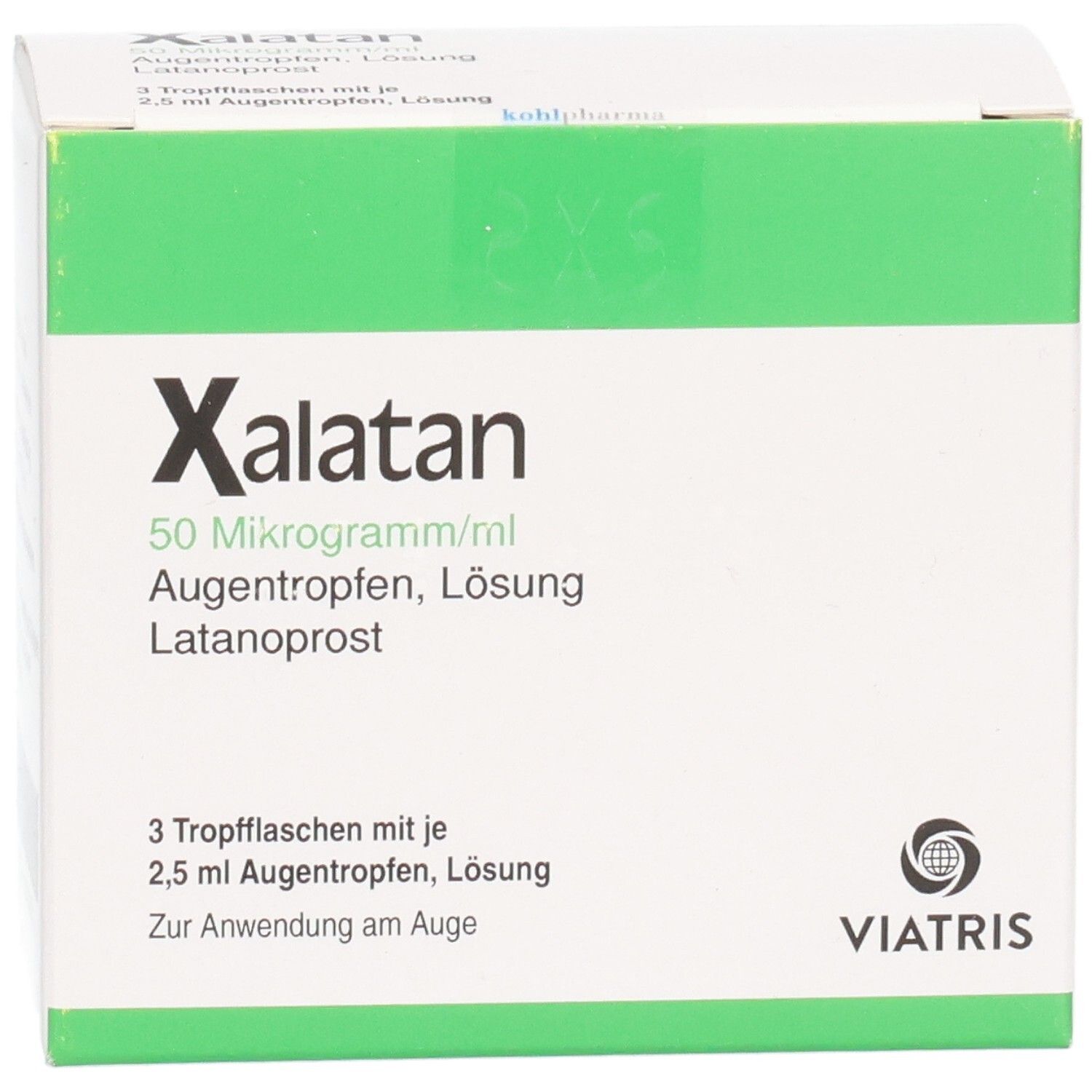Xalatan 50 Mikrogramm/ml Augentropfen, Lösung Latanoprost. 3 Tropfflaschen mit je 2,5 ml.