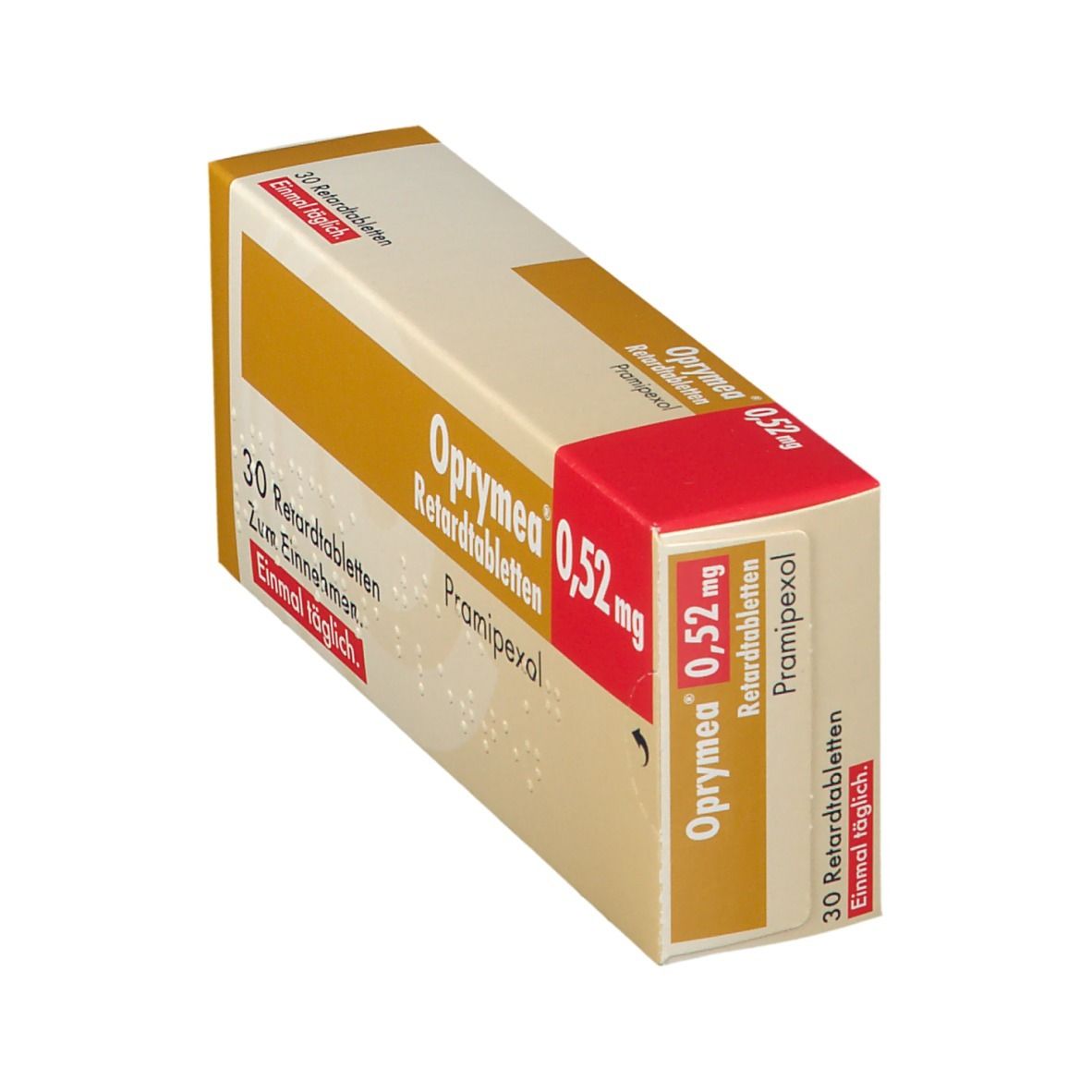 Schachtel OPRYMEA 0,52 mg Retardtabletten. Aufschrift: 30 Retardtabletten, Zum Einnehmen, Einmal täglich. Braune und rote Akzente. Ansicht schräg.