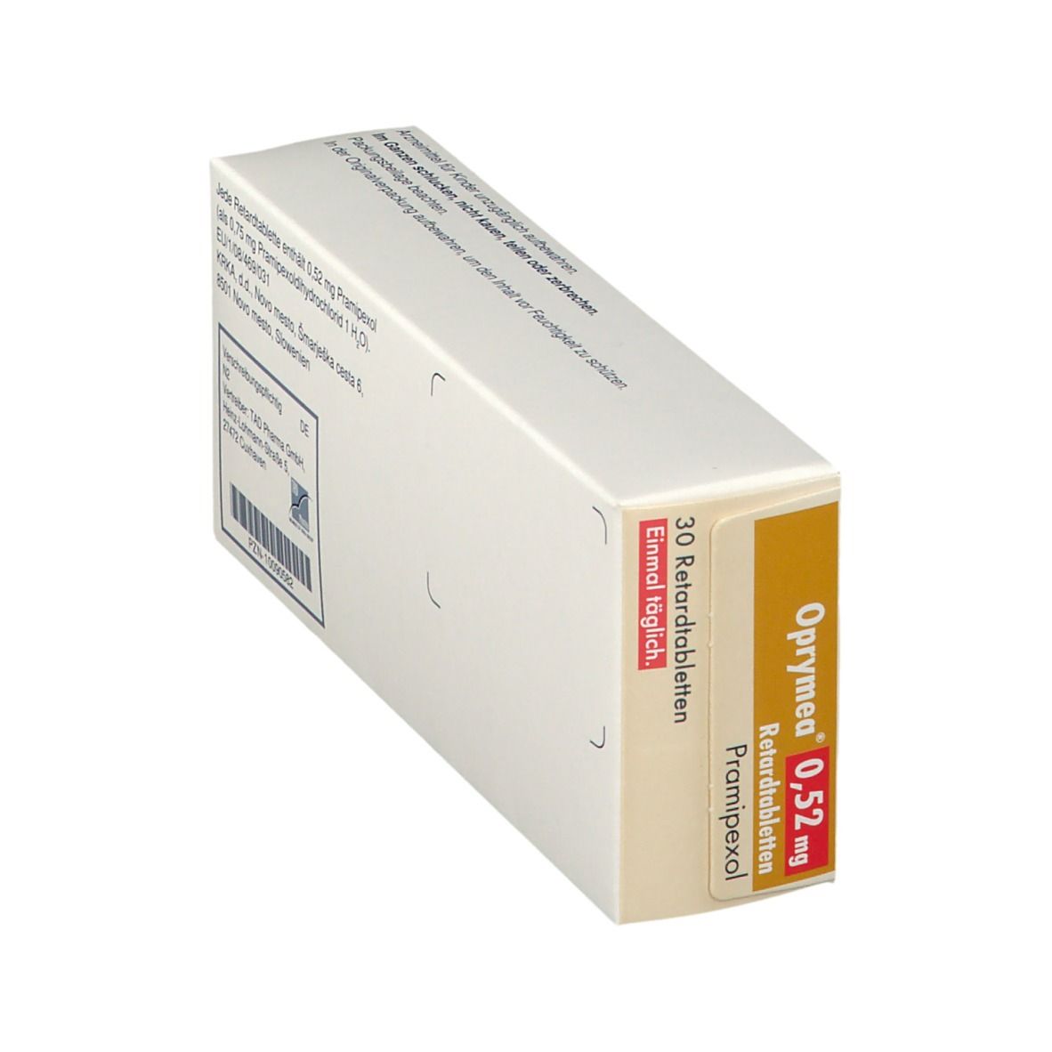 Schachtel OPRYMEA 0,52 mg Retardtabletten. Aufschrift: 30 Retardtabletten, Zum Einnehmen, Einmal täglich. Braune und rote Akzente. Ansicht schräg.