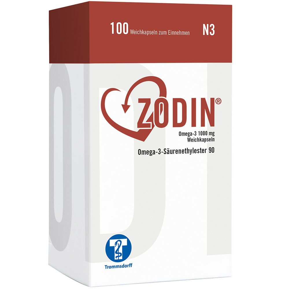 Zodin Omega-3 1.000 mg in einer weißen Schachtel mit rotem Deckel. Aufdruck: Zodin, Omega-3-Säureethylester 90.