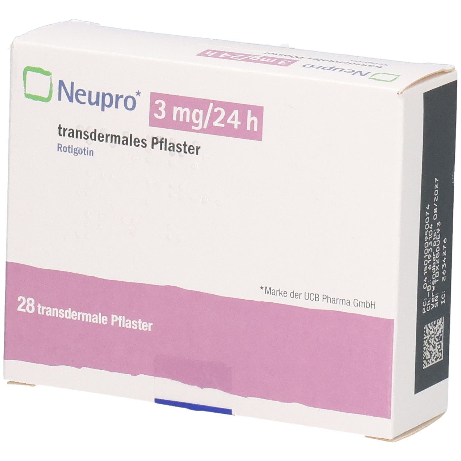 Packung Neupro 3 mg/24 h transdermale Pflaster, 28 Stück.