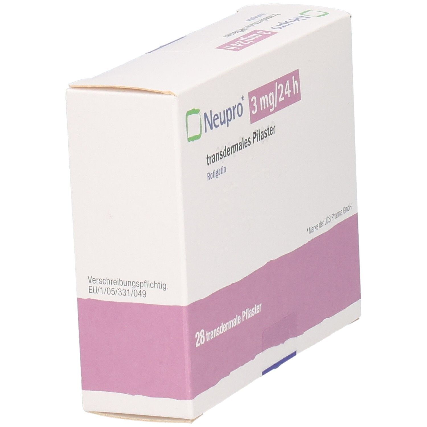Packung Neupro 3 mg/24 h transdermale Pflaster, 28 Stück, Seite.