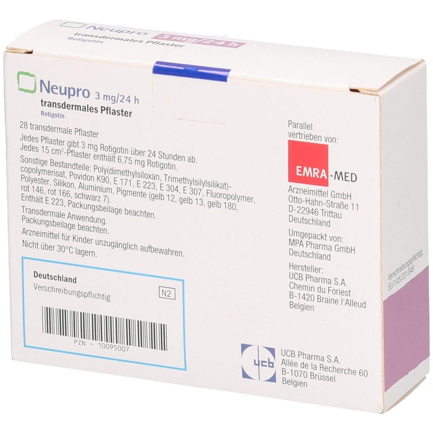 Rückseite der Packung Neupro 3 mg/24 h transdermale Pflaster mit Details.