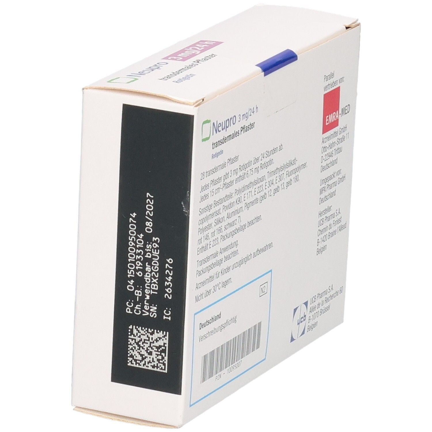 Seite der Packung Neupro 3 mg/24 h transdermale Pflaster mit Chargennummer.