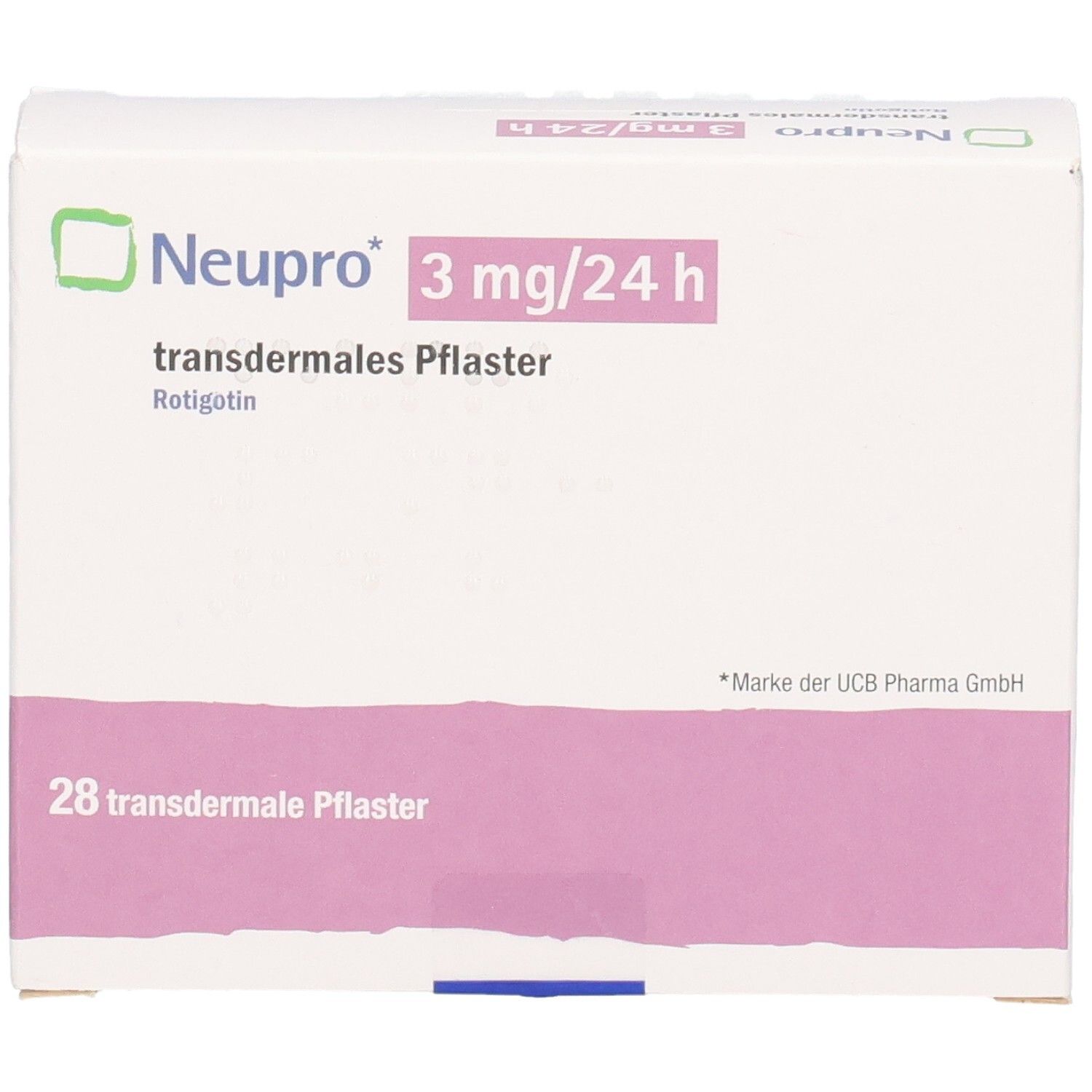 Packung Neupro 3 mg/24 h transdermale Pflaster, 28 Stück, Vorderseite.