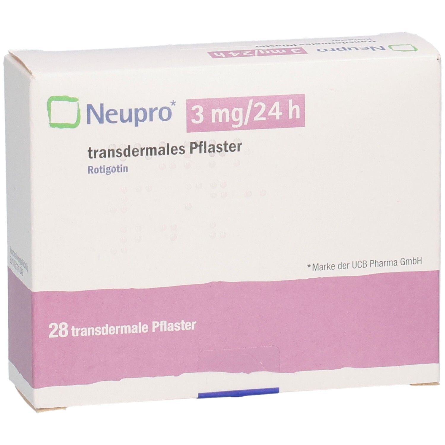 Packung Neupro 3 mg/24 h transdermale Pflaster, 28 Stück.