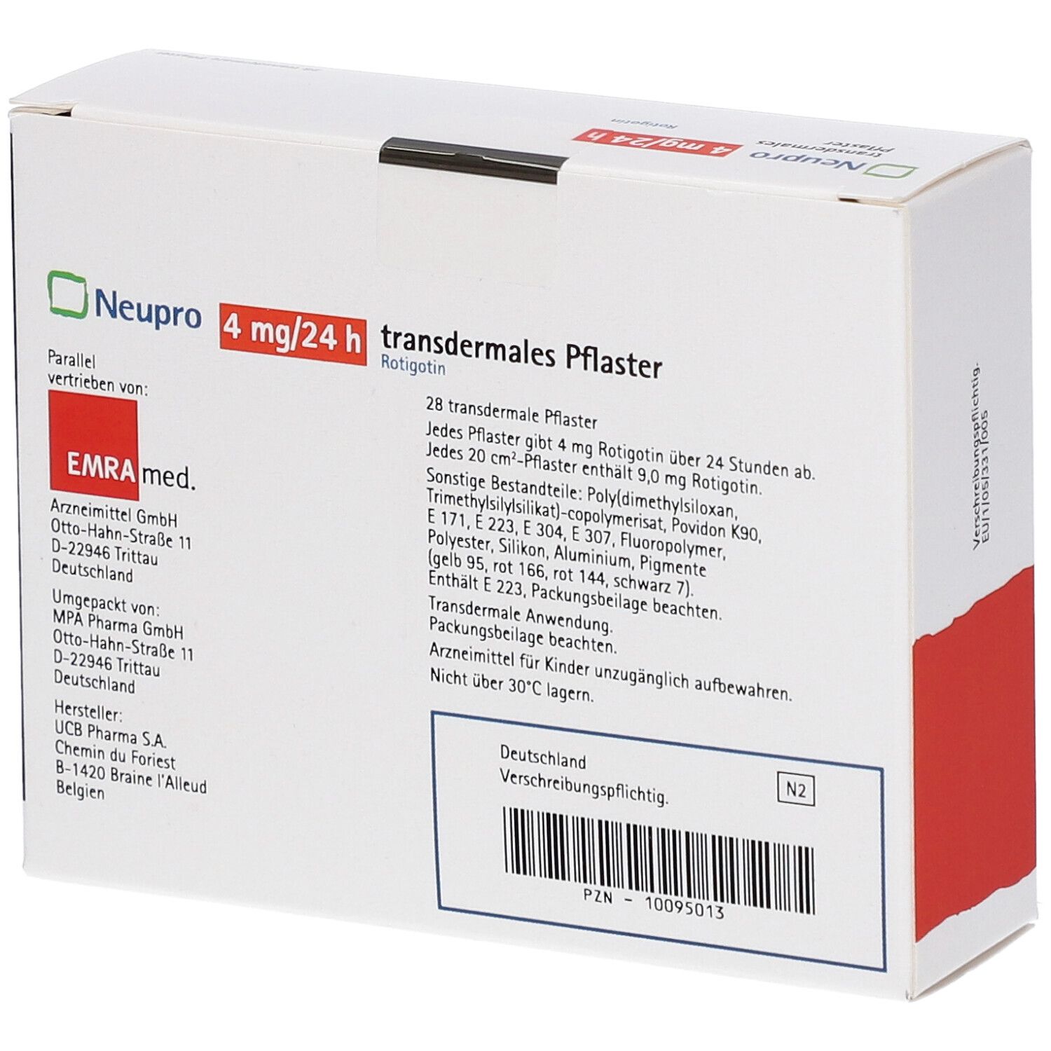 Rückseite der Schachtel Neupro 4 mg/24 h. Enthält Informationen zu Inhaltsstoffen und Anwendung.