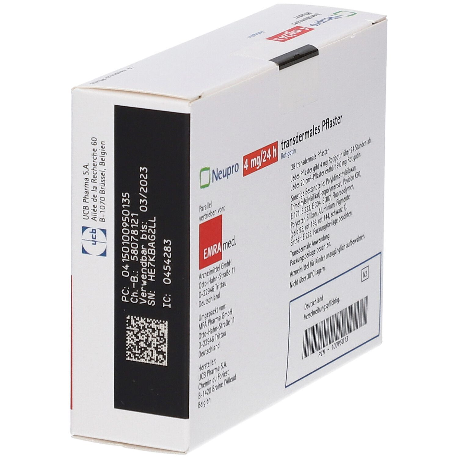 Schachtel Neupro 4 mg/24 h, mit Informationen und Barcode. Zeigt Verfallsdatum 03/2023.