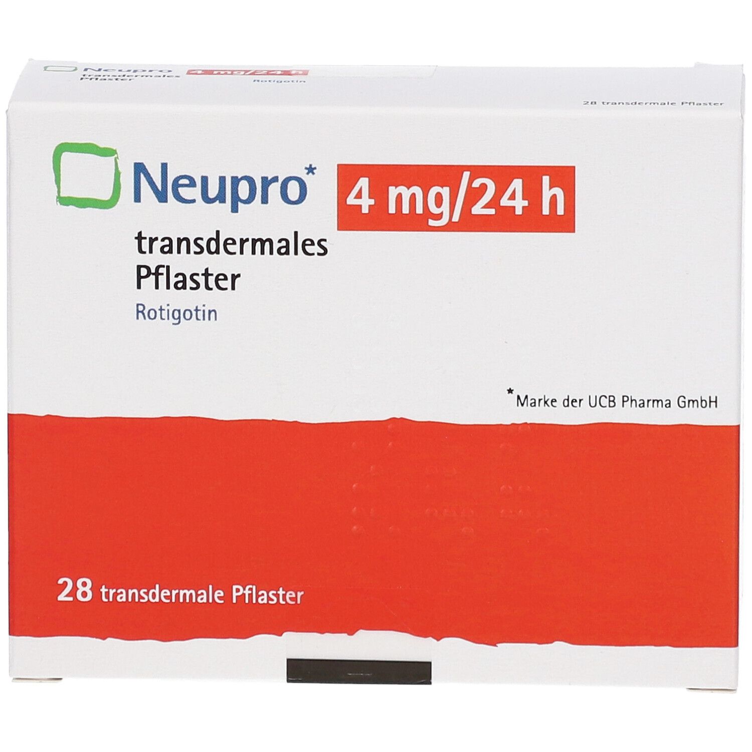 Schachtel Neupro 4 mg/24 h, transdermales Pflaster, 28 Stück. Rote und weiße Farbgebung.